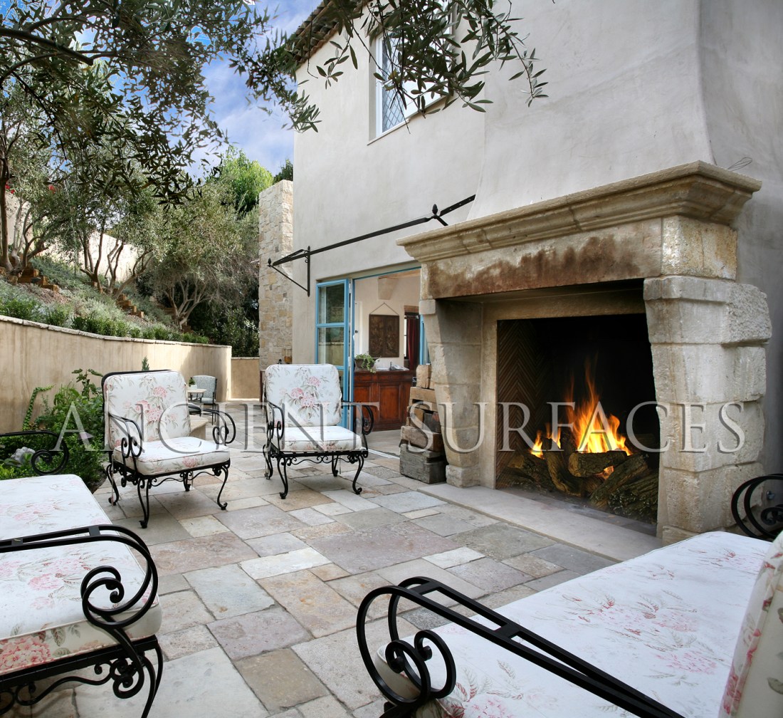 Antique Reclaimed French Fireplace Mantle in the Backyard