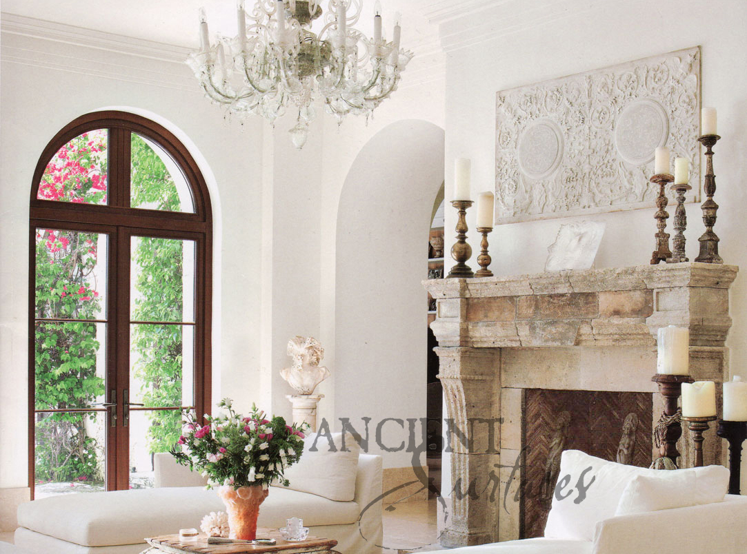 Antique Stone Fireplace by Ancient Surfaces As featured in Luxe Magazine 2012, Florida.