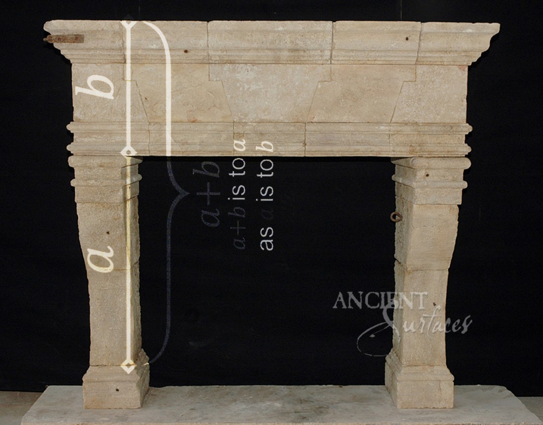 An Antique Fireplace Mantle Hand Carved in the 16th century Using the Golden Ratio Harmonic Equation.