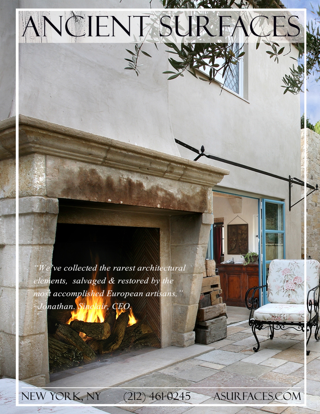 Reclaimed Medieval era antique stone fireplace installed in an outdoor open patio, Coastal California.