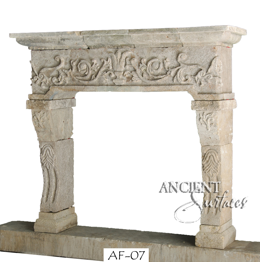 Antique stone fireplace by Ancient Surfaces. Ideas and examples from our upcoming online catalog.   http://www.ancientsurfaces.com/Antique-Fireplaces.html