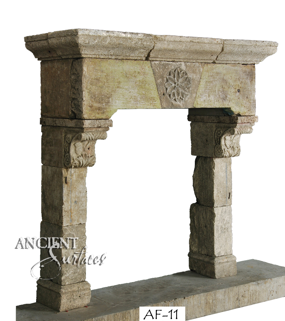 Antique stone fireplace by Ancient Surfaces. Ideas and examples from our upcoming online catalog.   http://www.ancientsurfaces.com/Antique-Fireplaces.html