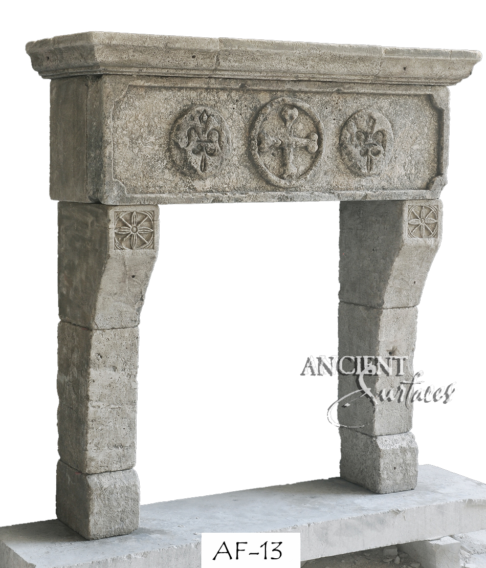 Antique stone fireplace by Ancient Surfaces. Ideas and examples from our upcoming online catalog.   http://www.ancientsurfaces.com/Antique-Fireplaces.html