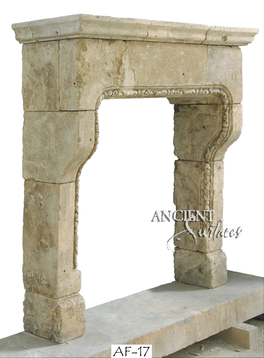 Antique stone fireplace by Ancient Surfaces. Ideas and examples from our upcoming online catalog.   http://www.ancientsurfaces.com/Antique-Fireplaces.html