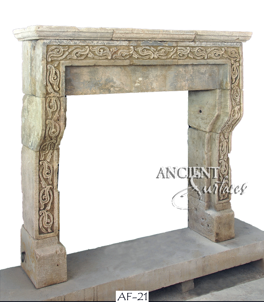 Antique stone fireplace by Ancient Surfaces. Ideas and examples from our upcoming online catalog.   http://www.ancientsurfaces.com/Antique-Fireplaces.html
