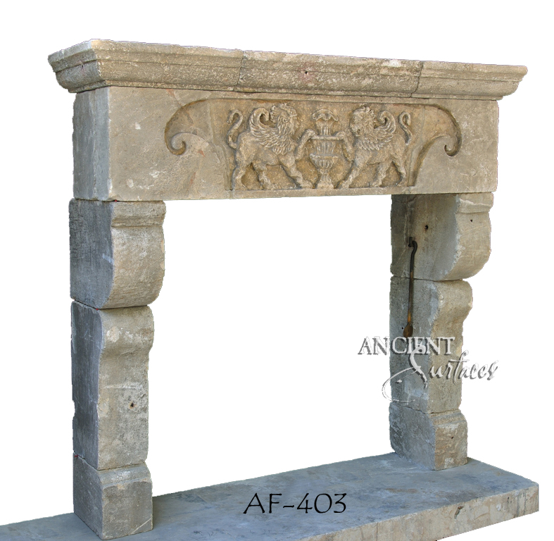 Antique stone fireplace by Ancient Surfaces. Ideas and examples from our upcoming online catalog.   http://www.ancientsurfaces.com/Antique-Fireplaces.html