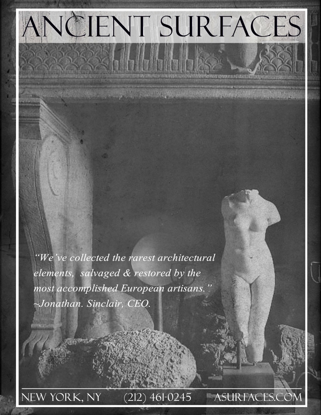 Vignettes of our architectural antique stone elements in our showrooms and yards.