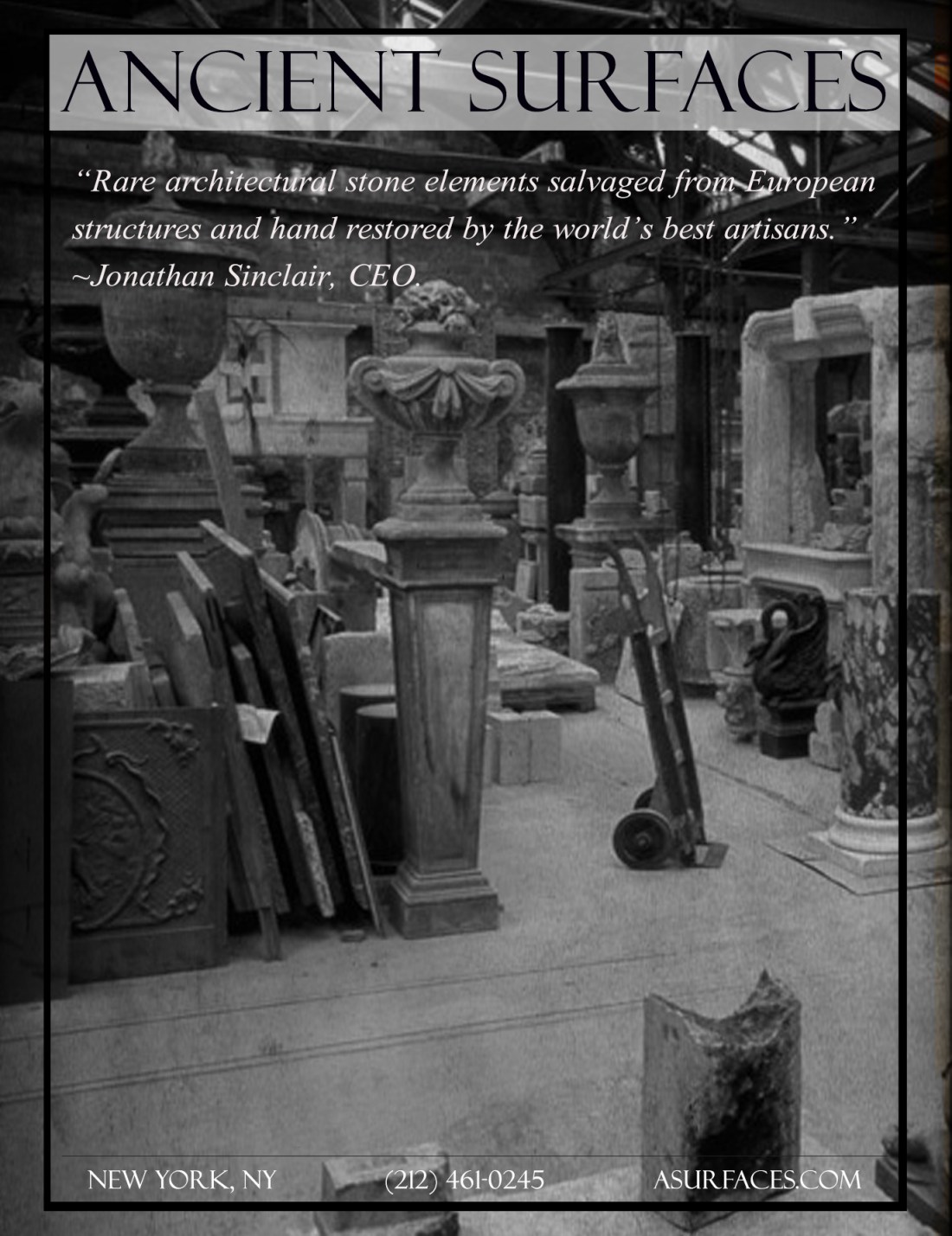 Vignettes of our architectural antique stone elements in our showrooms and yards.