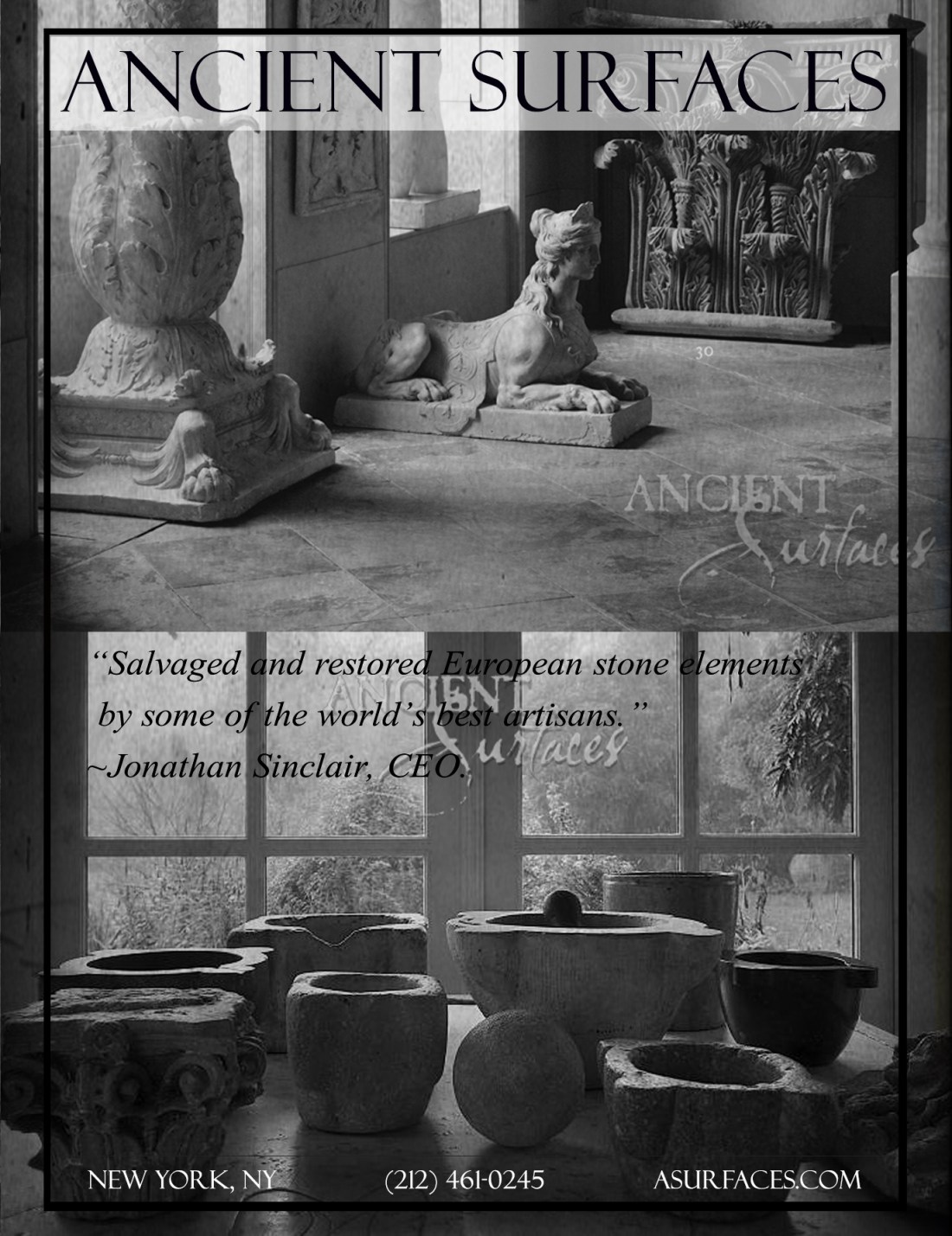 Vignettes of our architectural antique stone elements in our showrooms and yards.