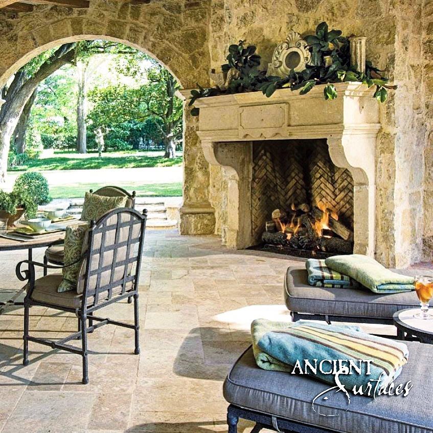 English cottage and French Farmhouse inspired outdoor closed top Pergola with a Stone Fireplace